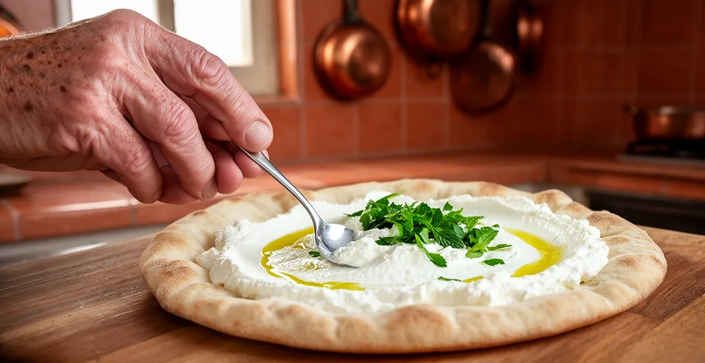 Main tartinant du labneh onctueux sur du pain pita avec filet d'huile d'olive
