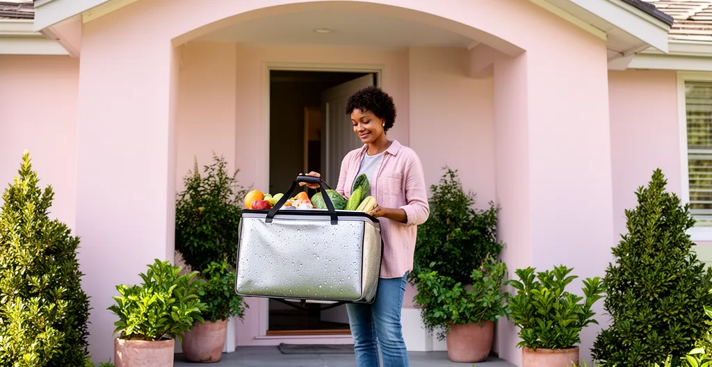 Personne réceptionnant une livraison de courses fraîches sur le pas de sa porte