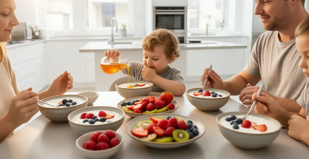 Famille attablée devant des bols de yaourt grec garnis de fruits et de miel