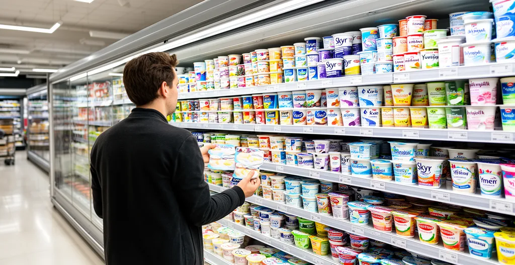 Personne consultant le rayon produits laitiers dans un supermarché